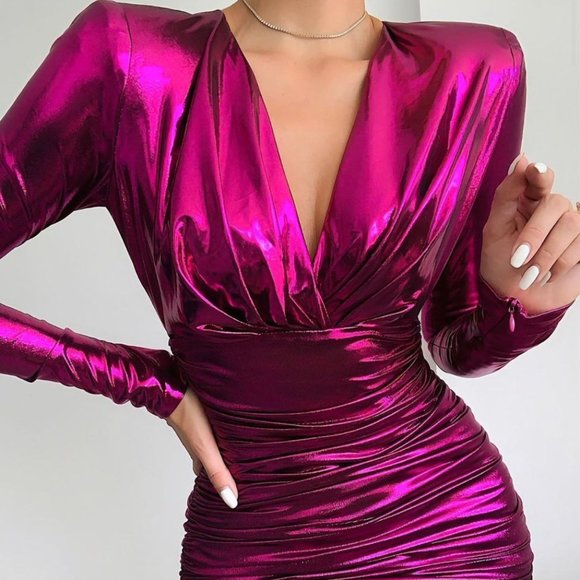 House of CB Dresses & Skirts - House of CB Zandra Metallic Pink Deep V Ruched Dress
